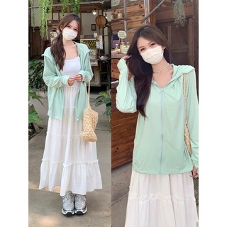 【Cavensi】80kg可穿涼感防曬外套女 UPF50+連帽冰絲防曬衣 抗UV防紫外線加大尺碼透氣外套A283, 豆蔻綠色,2XL（建議70-80公斤）