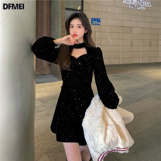DFMEI 實拍~ 聖誕年會絲絨連衣裙女bling設計感氣質禮服小裙子