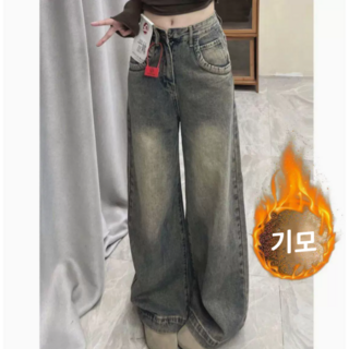 YioYcc 여성 패션 기모 도톰 트렌드 하이웨스트 청바지 캐주얼 워싱 와이드 청바지
