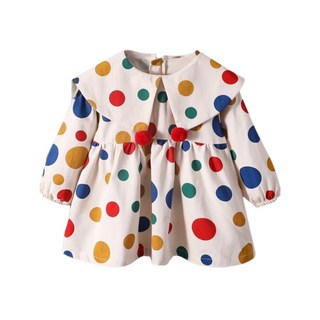 萱寶媽咪baby童裝館 現貨韓版女童彩色圓點格子娃娃領長袖連身裙，兒童春秋薄款洋裝，女寶可愛外出服