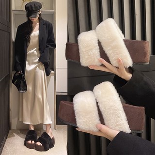 厚底增高7cm小個子毛毛拖鞋女 小碼34 秋冬外穿 2025新款 一字領棉拖鞋