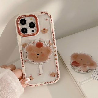 臺灣新款磁吸支架手機殼 適用iPhone 16 Pro Max 可愛滿屏櫻桃熊 蘋果手機殼 防摔