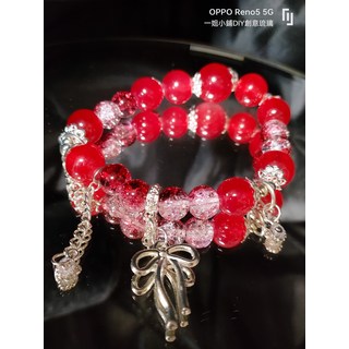 手工串珠手鍊 紅色珠子 銀色配件