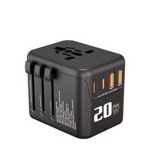 BeaSaf 萬國旅行充電頭 USB Type-C 2000W 全球通用 韓國轉接頭 萬用轉接頭, 1個, 黑色 PD20W快充 四孔輸出丨國際電壓