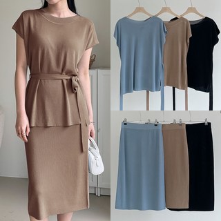 3컬러) 니트코어 여름 시원한 찰랑 페미닌 보트넥 벨트 니트 밴딩 스커트 투피스 셋업 원피스 하객룩 하객원피스 등하원룩