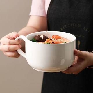 桃園出貨 日式創意陶瓷泡麵碗 純白大面碗 帶手柄大號燕麥杯甜品杯燕麥碗早餐碗湯杯甜品碗沙拉碗泡麵碗1000ML, 白色泡麵碗（無蓋）, 1個