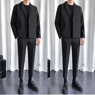 韓版潮流男士西裝套裝，免燙寬鬆小西裝休閒DK制服正裝外套，百搭三件套，帥氣有型, 黑色K34+黑短袖+黑色K11,西裝M 褲子30 短袖L