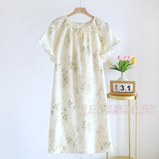最新爆款【100%純棉紗布睡衣裙】泡泡紗二重紗短袖連身睡裙女夏季薄款可外穿家居裙棉質中長裙洋裝寬鬆休閒吸水涼感振風