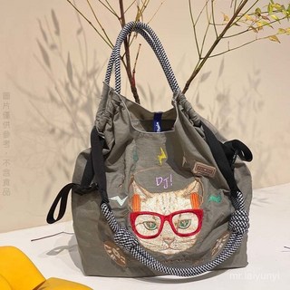 限時下殺 時尚韓日係刺繡包新品購物袋畫家貓刺繡環保袋尼龍包手提單肩手提包環保購物袋刺繡包AC0L