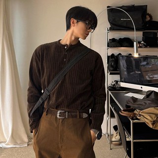 MYQ輕熟風亨利領坑條長袖T恤男春秋寬鬆休閒打底衫韓系通勤穿搭