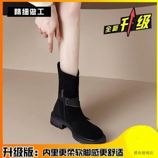 絨面馬丁靴 軟皮圓頭側拉鍊皮帶扣粗跟厚底短靴 機車牛仔靴