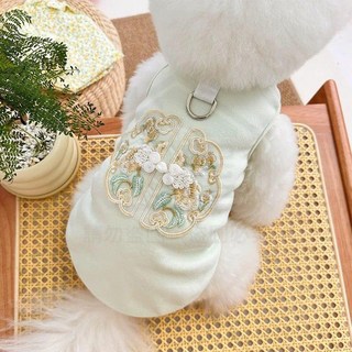 全店折扣 古風裝貓咪衣服狗狗背心洋氣防掉毛帶牽引寵物刺繡比熊泰迪犬時尚, 只此青綠【綠色背心】,S碼【建議1.2.5-2.5公斤】, 1個