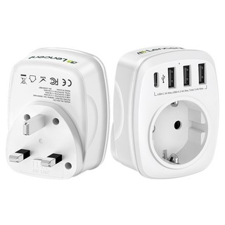 렌센트 고속충전 전세계 여행용 해외 영국 규격(Type G) 플러그 어댑터 4포트 (3 USB A + 1 USB C) 한국 영국 싱가포르 말레이시아 변환 화이트, 1개