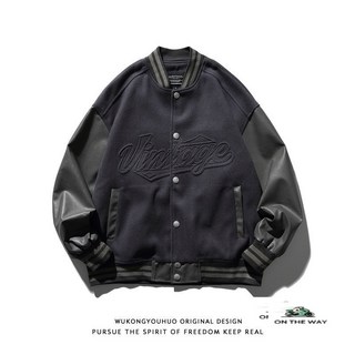 在路上 秋季日系街頭毛呢拼接皮棒球服 男潮牌復古寬松情侶休閑百搭外套