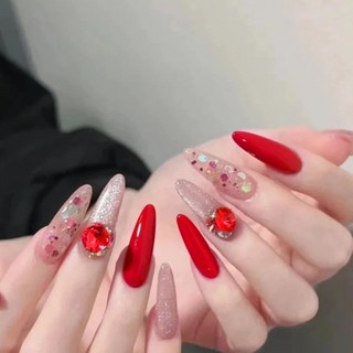 指見 穿戴式美甲，火龍果色閃粉長款杏仁花朵假指甲, 1個, 梅子醬,XS