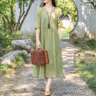 POMTOR 여름 봄 여성 바캉스룩 빅사이즈 린넨 반팔 롱 원피스