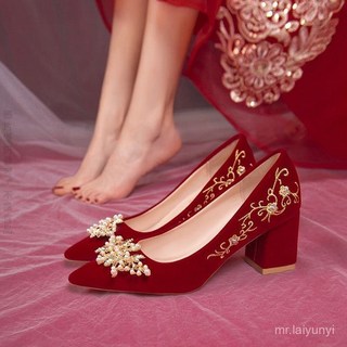 限時購 中式結婚新娘紅色粗跟新娘鞋中式婚鞋紅色婚鞋高跟鞋粗跟鞋結婚鞋新娘鞋女鞋中跟鞋孕婦中跟鞋NY