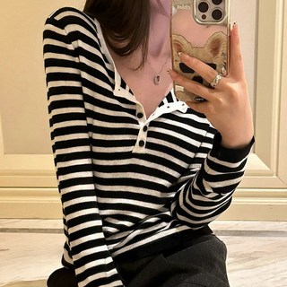 cammello 소프티 헨리넥 스트라이프 버튼 긴팔 티셔츠 여성 긴팔티