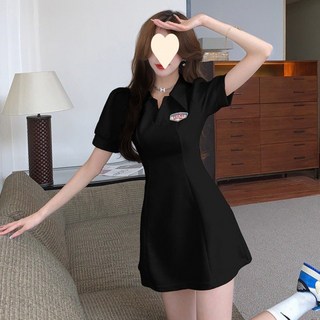 韓系學院風POLO領收腰連衣裙, 黑色