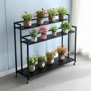 DP동봉국제무역 모던 인테리어 입체형 이동식 탄소강 화분 정리 선반, 3단, 블랙 100cm