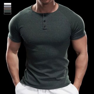 粗螺紋短袖男款亨利衫，夏季運動修身透氣休閒復古T恤，台灣出貨