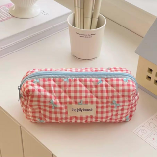 모란코 리본 체크 패브릭 천 필통 파우치, 1개, 레드(체크)