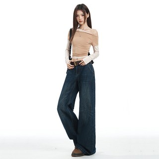 秋冬季新款韓版深藍色寬鬆闊腿顯瘦提臀百搭牛仔長褲女