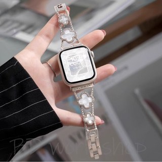 四葉草手鏈式金屬錶帶，適用於 Apple Watch Series 9/8/7/6/SE/10，iwatch 蘋果錶帶, 星光色【白貝】,適用：42/44/45/46/49mm, 1個