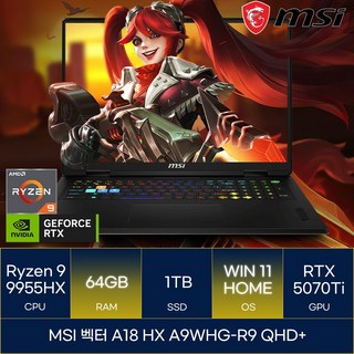 MSI 2025 벡터 A18 HX 라이젠9 라이젠 9000 시리즈 지포스 RTX 5070 Ti, 코스모스 그레이, 1TB, 64GB, WIN11 Home, A18 HX A9WHG-R9 QHD+