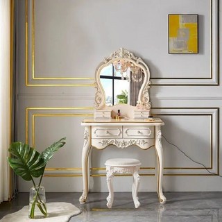 歐式梳妝臺主臥室化妝桌網紅實木公主高檔次收納櫃小戶灬, 80CM皇冠鏡+凳, 1個