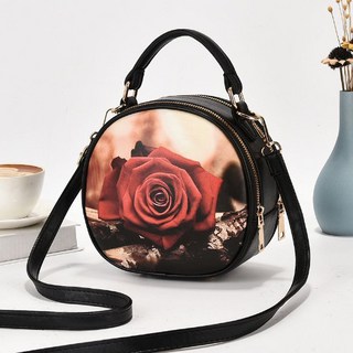 網紅小圓包女 2025新款復古個性印花單肩斜挎包 百搭小包包, 黑色