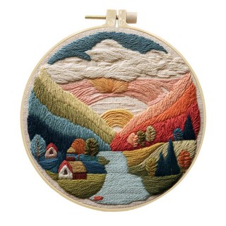 法式刺繡diy風景手工布藝材料包套件創意手工針線英, 絕美日落（非成品25cm布）,含15cm竹繃+剪刀+穿針器+拆線器 ）, 1個