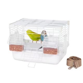 迷你兩用外帶籠 附站杆 食盒 輕巧便攜鳥籠, 背帶式外出籠（白色）, 1個
