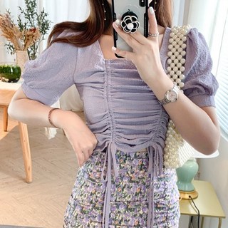 韓版時尚短袖抽繩短版露腰方領露肩上衣 VINASHOP