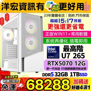 INTEL U7-265 RTX5070 12G 獨顯 電腦主機 (32GB RAM/1TB SSD/850W/WIN11) 含系統插電即用 3D遊戲 繪圖效能全開, 1個, U7+12G獨顯+1TB+850W電源