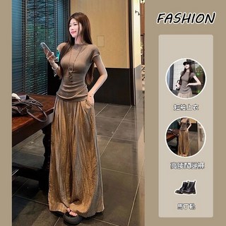 純欲風辣妹套裝女2025夏季韓系修身短袖T恤上衣高腰闊腿褲兩件套