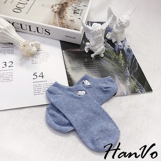 HanVo 跳躍小綿羊藍白短襪 韓系簡約百搭舒適棉質襪 女襪