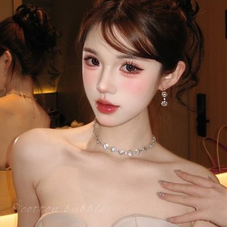 輕奢水鑽項鍊耳環套裝女銀色高級感鎖骨鏈晚禮服配飾誇張頸鍊耳飾