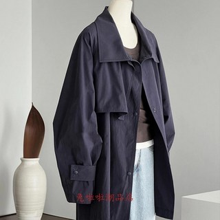 韓版短版風衣外套 中長款 高級感 翻領工裝風衣外套 藏青色設計師小眾日系寬鬆休閒外套高品質寬鬆長款外套