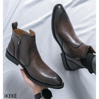 日系爆款 歐洲站 皮鞋 切爾西靴 男士 潮流 尖頭 高幫皮鞋 髮型師 馬丁靴 拉鍊 內增高 休閒鞋 男靴子