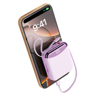PIUJJA 일체형 QC3.0 PD 22.5W 대용량 고속충전 케이블 휴대용 미니 C타입 고속충전 보조배터리 10200mAh, 퍼플