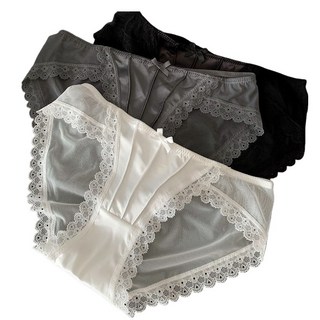 法式緞面涼感內褲，性感蕾絲冰絲三角褲，透氣舒適，多色可選, 灰色,M