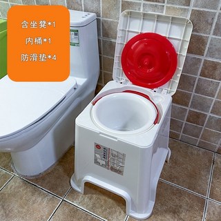 老年人馬桶 孕婦病人室內移動便盆 坐便器 床頭坐便椅 防滑帶蓋加厚坐便椅, 白坐凳+可手拎內桶【無軟墊和毛絨套】, 1個
