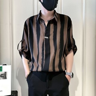 好評優選【新品上新】日係襯衫翻領襯衫條紋襯衫七分袖襯衫寬鬆版型時尚上衣日常百搭男士襯衣休閒襯衫時尚短袖襯衫花襯衫