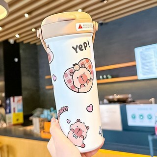 卡皮巴拉 保溫杯 女款 便攜式水杯 吸管杯 高顏值咖啡杯 外出攜帶, 白色700ml,手提吸管杯+杯刷, 1個