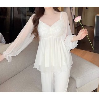 장미 쉬폰 레이스 긴팔 상하세트 슬립 긴바지 모달 면 잠옷 공주님 홈웨어 슬립
