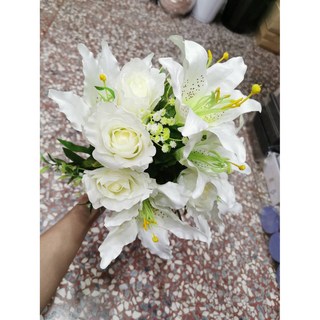 人造花束-6朵百合花 6朵玫瑰 仿真花藝擺設 居家裝飾品, 白百合+白玫瑰, 1個