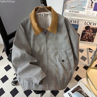 2025秋季新款皮領格子夾克外套，百搭寬鬆復古墊肩拉鍊上衣，潮流男生必備