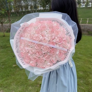 成品碎冰藍玫瑰花束仿真花小香風男朋友閨蜜永生花香皂花生日七夕－, 52朵碎冰藍玫瑰+浪漫燈串