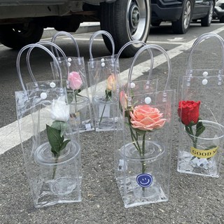 PVC鮮花袋網紅花束包裝袋 手提禮品袋 透明軟袋 花束包裝材料, 1個, 透明;豎款 寬10*高25*側寬10cm